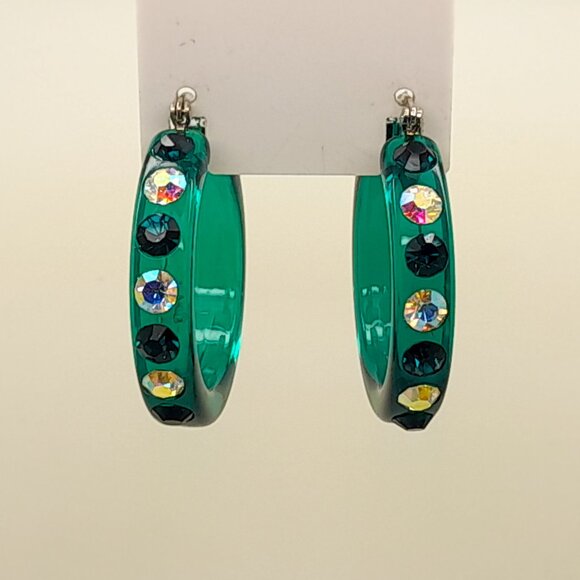 dark green Lucite Acrylic wide 1.5 inch Hoop Latch Back Fashion vintage Earrings - Picture 2 of 4
